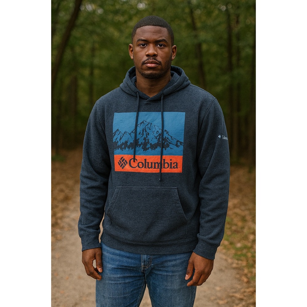 Columbia Mens Graphic Hoodie Blue‎ Orange Mountain Logo Sweatshirt Size XL